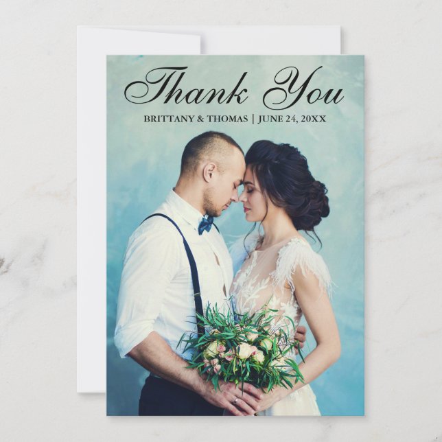 Tarjeta De Agradecimiento Elegante foto de boda guión negro (Anverso)