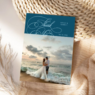 Tarjeta De Agradecimiento Elegante foto de boda Script en azul turquesa