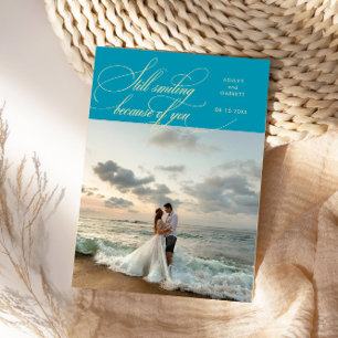 Tarjeta De Agradecimiento Elegante foto de boda sonriendo todavía Aqua Azul