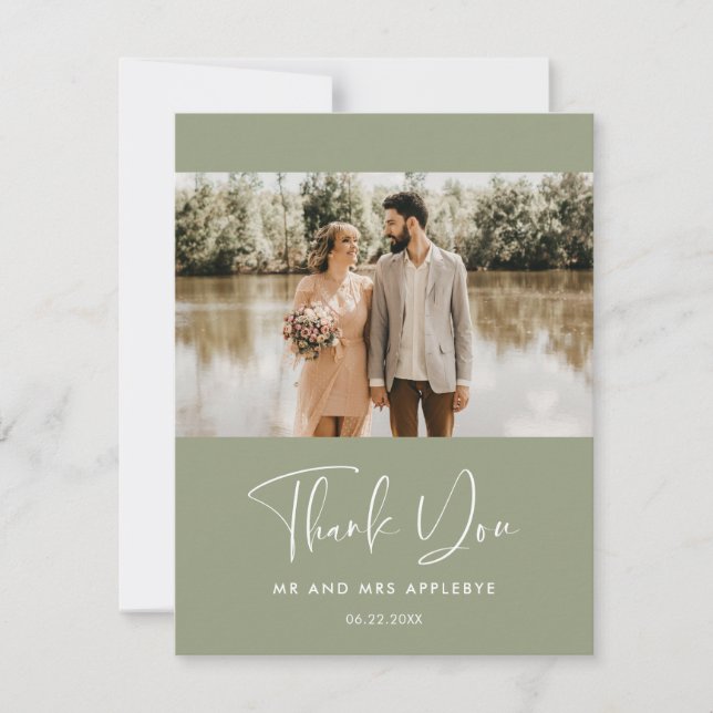 Tarjeta De Agradecimiento Elegante foto de boda verde sabio Gracias (Anverso)