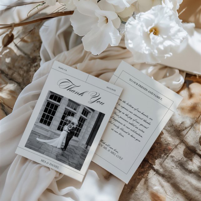 Tarjeta De Agradecimiento Elegante Foto de Boda Vintage en Blanco y Negro Gr (Elegant Vintage Black & White Wedding Photo Thank Thank You Card)