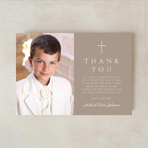Tarjeta De Agradecimiento Elegante Foto de Cruz de Taupe Niño Primera Comuni
