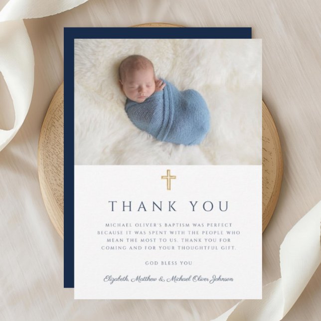 Tarjeta De Agradecimiento Elegante foto de cruz religiosa azul de la Marina (Elegant Navy Blue Religious Boy Photo Thank You Card)
