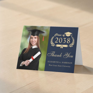 Tarjeta De Agradecimiento Elegante Foto de Escritura Dorada Azul de Graduaci