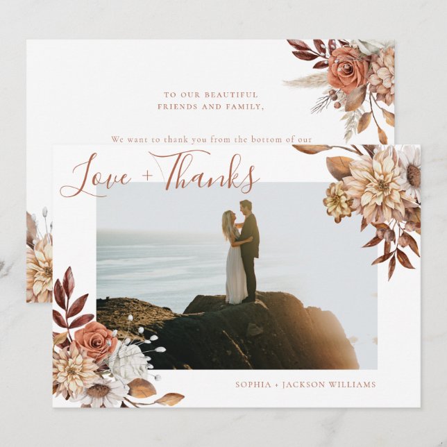 Tarjeta De Agradecimiento Elegante foto de escritura floral de terracota (Anverso / Reverso)