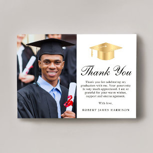 Tarjeta De Agradecimiento Elegante foto de gorra de graduado en oro Graduaci