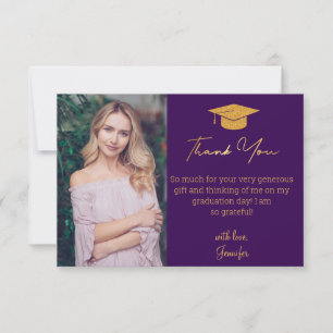 Tarjeta De Agradecimiento elegante foto de graduación con guión dorado púrpu