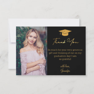 Tarjeta De Agradecimiento elegante foto de graduación con letra dorada negra