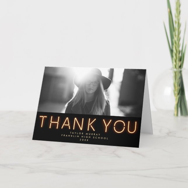 Tarjeta De Agradecimiento Elegante foto de graduación de neones iluminados (Anverso)