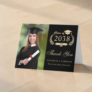 Tarjeta De Agradecimiento Elegante Foto de Graduación en Tinta Dorada y Negr