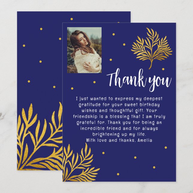 Tarjeta De Agradecimiento Elegante foto de la Foliage de oro de cumpleaños n (Anverso / Reverso)