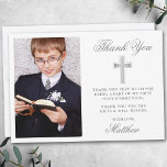 Tarjeta De Agradecimiento Elegante foto de la primera comunión de la plata<br><div class="desc">Elegante First Holy Communion Gracias Tarjeta con Cruz de Plata. Frente de la foto.</div>