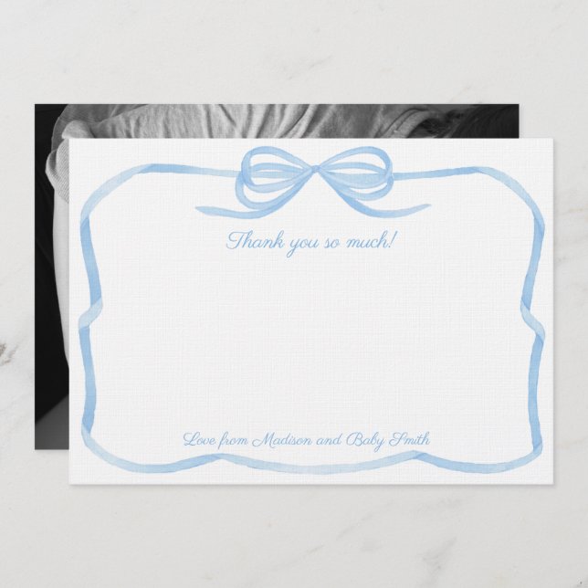 Tarjeta De Agradecimiento Elegante foto de lazo azul pálido para baby shower (Anverso / Reverso)