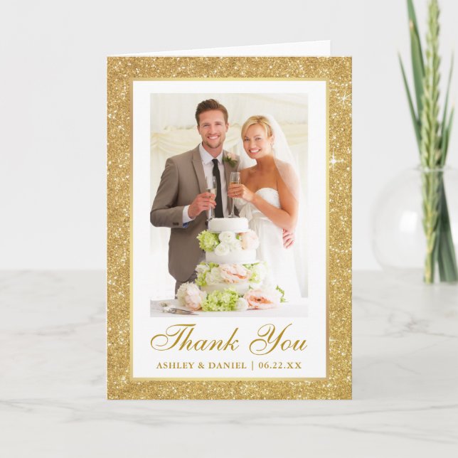 Tarjeta De Agradecimiento Elegante foto de matrimonio Purpurina de oro (Anverso)