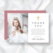Elegante foto de niña con cruz rosa Primera Comuni