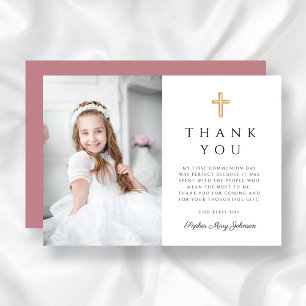 Tarjeta De Agradecimiento Elegante foto de niña con cruz rosa Primera Comuni