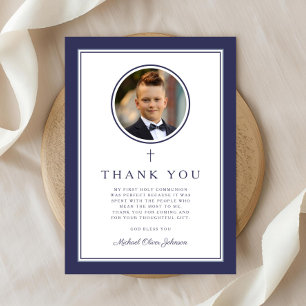Tarjeta De Agradecimiento Elegante Foto de Niño de Primera Comunión en Azul 