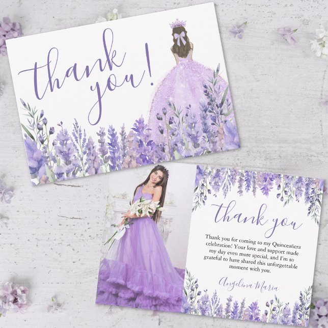 Tarjeta De Agradecimiento Elegante foto de Quinceañera púrpura floral (Elegant Floral Purple Quinceañera Photo Thank You Card)