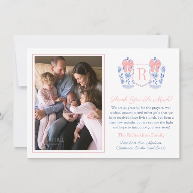 Tarjeta De Agradecimiento Elegante foto de una niña con arco rosado monogram (Anverso)