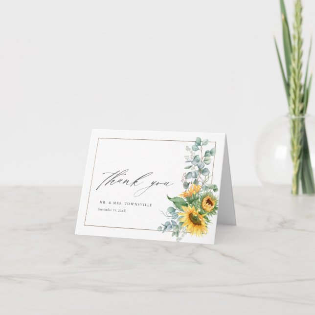 Tarjeta De Agradecimiento Elegante foto del Boda Eucalyptus Sunflower (Anverso)