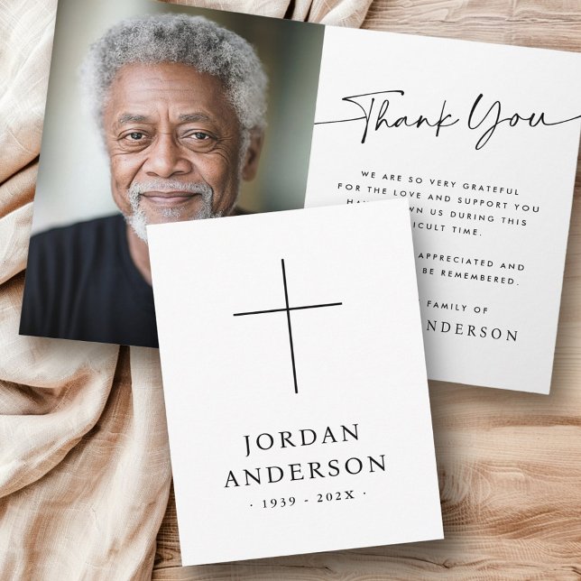 Tarjeta De Agradecimiento Elegante foto del funeral con nombre de cruz crist (Elegant Christian cross name date funeral photo Thank You Card)