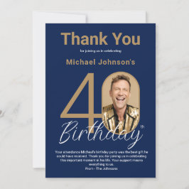 Tarjeta De Agradecimiento Elegante Foto Dorado Azul Marino Cumpleaños 40