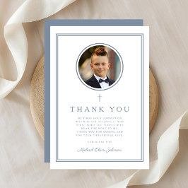 Tarjeta De Agradecimiento Elegante Foto en Azul Polvoriento Niño Primera Com
