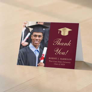 Tarjeta De Agradecimiento Elegante Foto en Script de Oro Graduación Borgoña