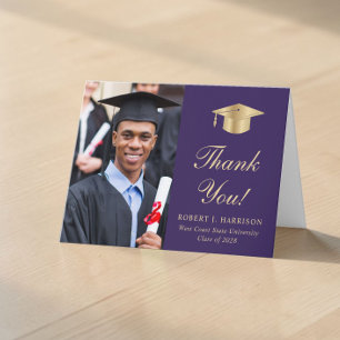 Tarjeta De Agradecimiento Elegante Foto en Tinta Dorada Graduación Morada