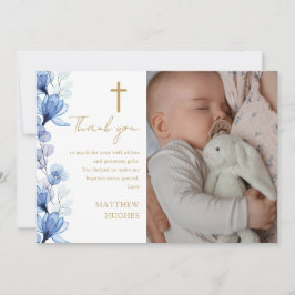 Tarjeta De Agradecimiento Elegante Foto Floral Azul Bautizo Comunión