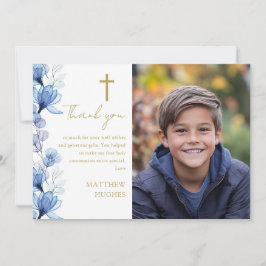 Tarjeta De Agradecimiento Elegante foto floral azul primera comunión sagrada
