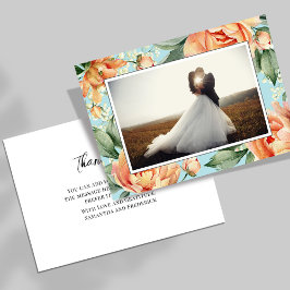 Tarjeta De Agradecimiento Elegante Foto Floral de Melocotón Azul Boda