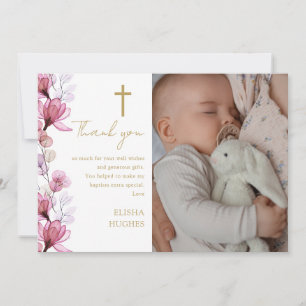 Tarjeta De Agradecimiento Elegante foto floral rosa de bautizo