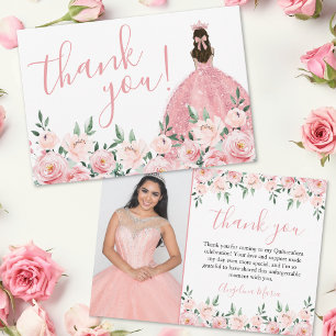 Tarjeta De Agradecimiento Elegante Foto Floral Rosa de Quinceañera