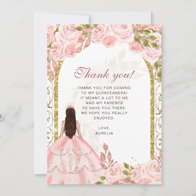 Tarjeta De Agradecimiento Elegante foto floral rosa de Rubor Quinceañera (Anverso)