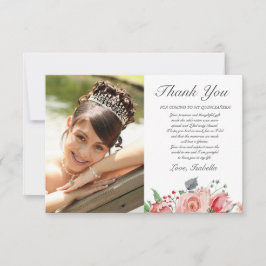Tarjeta De Agradecimiento Elegante foto floral rosa y verde Quinceañera
