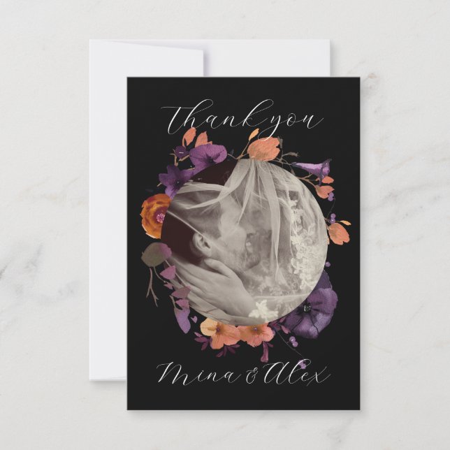 Tarjeta De Agradecimiento Elegante foto negro y Boda floral otoñal (Anverso)
