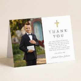 Tarjeta De Agradecimiento Elegante foto niño primera comunión doblada