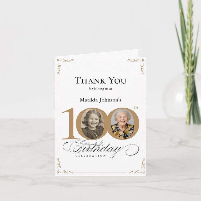 Tarjeta De Agradecimiento Elegante foto Personalizado 100 cumpleaños (Anverso)