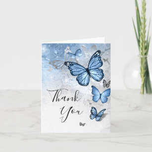 Tarjeta De Agradecimiento Elegante Foto Plata Bebé Mariposa Azul Doblado