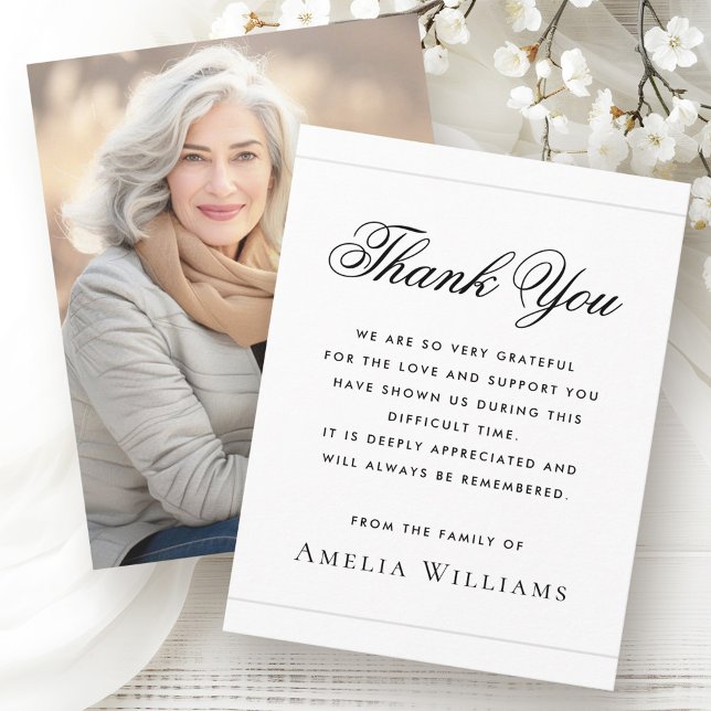 Tarjeta De Agradecimiento Elegante foto simpatía amargor blanco (Elegant photo sympathy bereavement white thank you card)