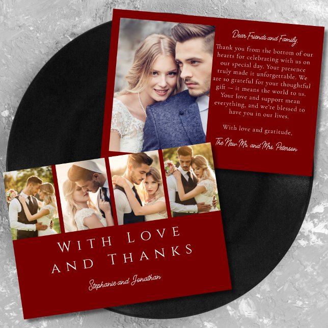Tarjeta De Agradecimiento Elegante foto Strip Boda rojo moderno de Borgoña (Subido por el creador)