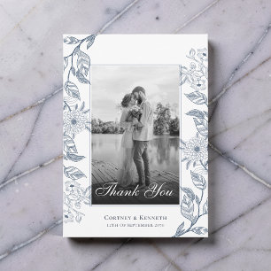 Tarjeta De Agradecimiento Elegante Foto Toile Francés Azul Polvoriento Boda