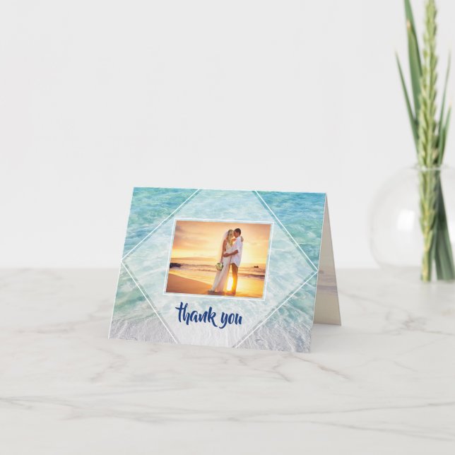 Tarjeta De Agradecimiento Elegante foto Tropical Beach Destination Wedding (Anverso)