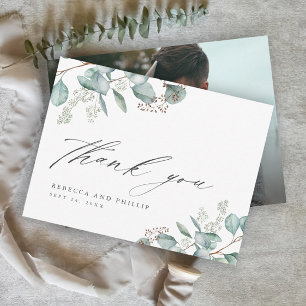 Tarjeta De Agradecimiento Elegante fotografía de boda con eucalipto verde