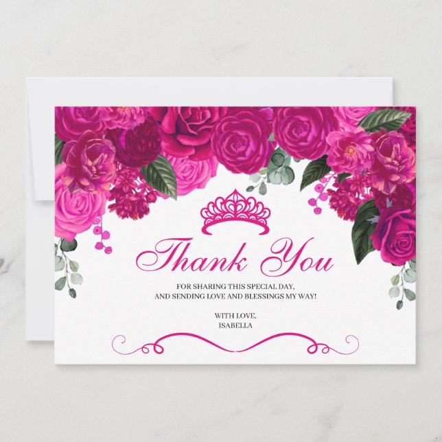 Tarjeta De Agradecimiento Elegante Fuchsia Plata Rosa Floral Quinceanera (Anverso)