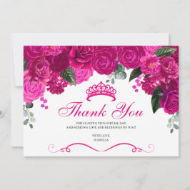 Tarjeta De Agradecimiento Elegante Fuchsia Plata Rosa Floral Quinceanera
