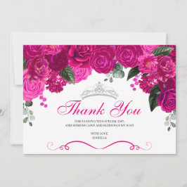 Tarjeta De Agradecimiento Elegante Fuchsia Plata Rosa Floral Quinceanera