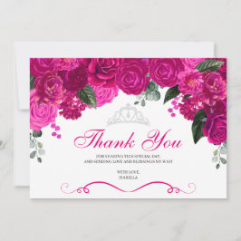 Tarjeta De Agradecimiento Elegante Fuchsia Plata Rosa Floral Quinceanera