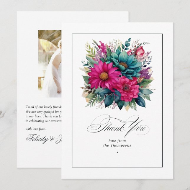 Tarjeta De Agradecimiento Elegante Fuchsia y Boda verde esmeralda (Anverso / Reverso)